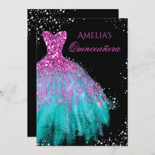 Sparkle Kleid Pink Aquamarin Quinceanera Einladung (Vorne/Hinten)