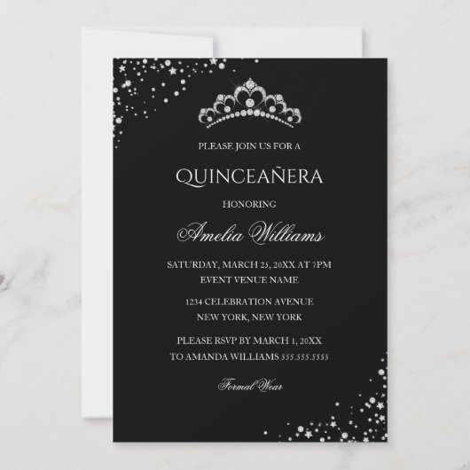 Sparkle Kleid Silver Black Quinceanera Einladung (Rückseite)