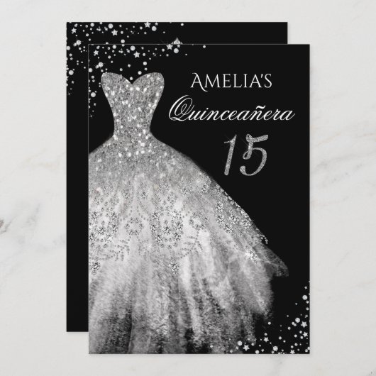 Sparkle Kleid Silver Black Quinceanera Einladung (Vorne/Hinten)