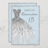 Sparkle Kleid Silver Blue Quinceanera Einladung (Vorne/Hinten)