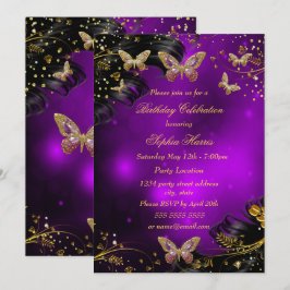 Sparkle lila Gold Black Butterfly Geburtstagsparty Einladung