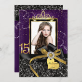 Sparkle Lila Gold Lace & Bow Foto Quinceanera Einladung (Vorne/Hinten)