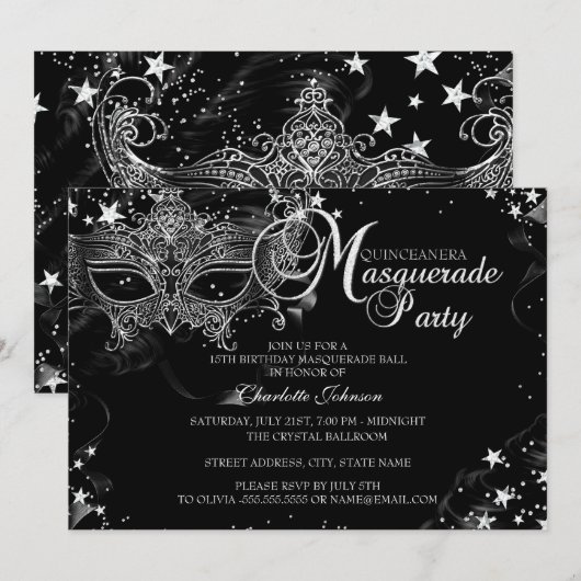 Sparkle Mask Star Night Masquerade Quinceañera Einladung (Vorne/Hinten)