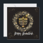 Sparkle Menorah Hanukkah Einladung<br><div class="desc">Hanukkah Party-Design mit goldener Menorah und silber-goldene Glitzern auf schwarzem Hintergrund.</div>