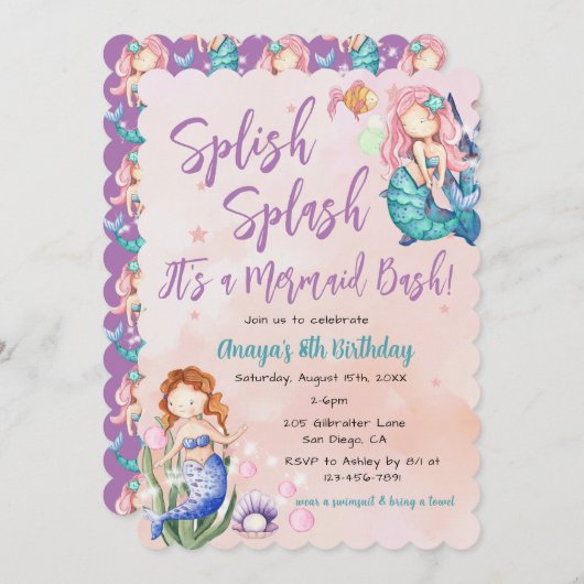 Sparkle Mermaid Bash Birthday Einladung (Vorne/Hinten)