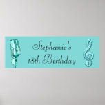 Sparkle Music Note and Retro Microphone Birthday Poster<br><div class="desc">Personalized, elegant custom birthday party banner for womens' 18th Birthday or any age. Beautiful turquoise background a funky teal / turquoise retro vintage microphone, and a pretty, glamorous printed image rhinestone glitter, sequins, jewels sparkles glittery musical note / music note. Chic, classy, cute, girly, modern 18th birthday party celebration banner...</div>