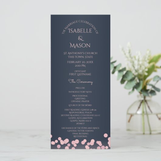 Sparkle Navy Blue and Pink Bokeh Wedding Program Programm (Stehend Vorderseite)