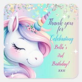Sparkle Pastel Rainbow Unicorn Einladung zum Gebur Quadratischer Aufkleber