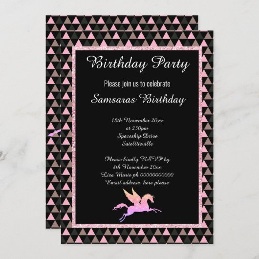 Sparkle Pastel Unicorn Black PATTERN BIRTHDAY Einladung (Vorne/Hinten)