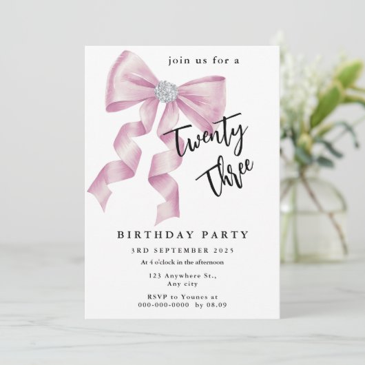 Sparkle Pink Coquette Bow 1. Einladung (Stehend Vorderseite)