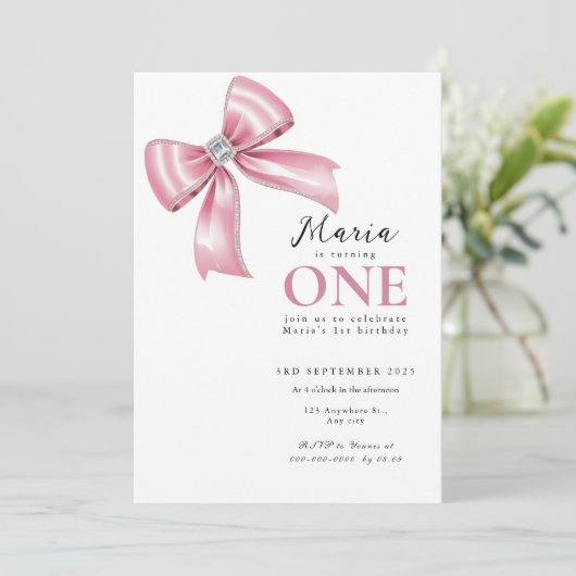 Sparkle Pink Coquette Bow 1. Einladung (Stehend Vorderseite)