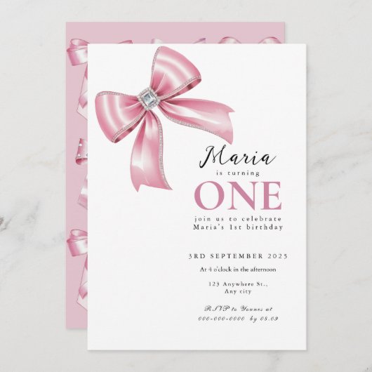 Sparkle Pink Coquette Bow 1. Einladung (Vorne/Hinten)