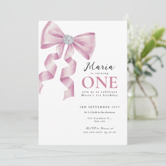 Sparkle Pink Coquette Bow 1. Einladung (Stehend Vorderseite)