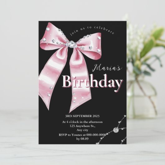 Sparkle Pink Coquette Bow 1. Einladung (Stehend Vorderseite)