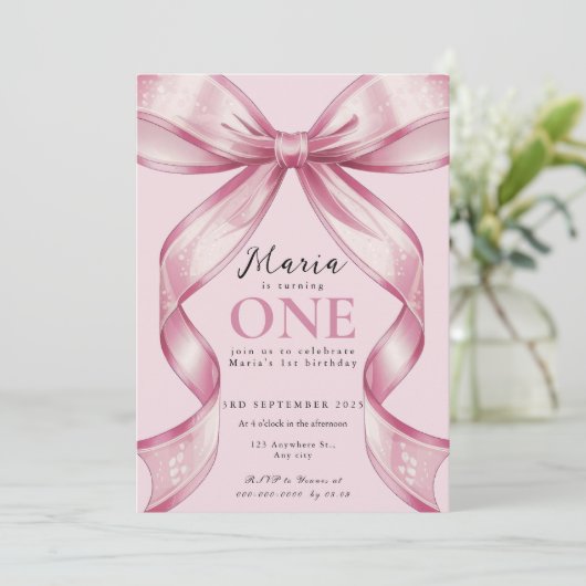 Sparkle Pink Coquette Bow 1st Einladung (Stehend Vorderseite)