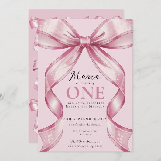 Sparkle Pink Coquette Bow 1st Einladung (Vorne/Hinten)