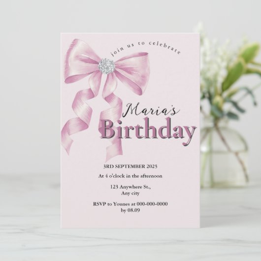 Sparkle Pink Coquette Bow 1st Einladung (Stehend Vorderseite)