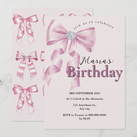 Sparkle Pink Coquette Bow 1st Einladung (Vorne/Hinten)