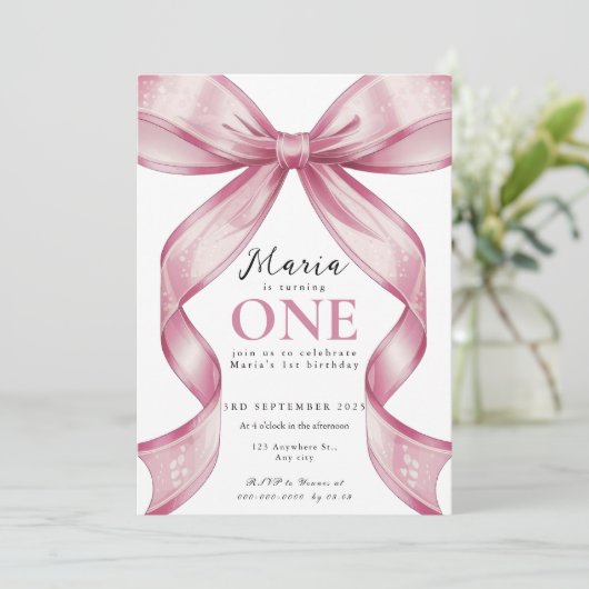 Sparkle Pink Coquette Bow 1st Einladung (Stehend Vorderseite)