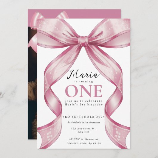 Sparkle Pink Coquette Bow 1st Einladung (Vorne/Hinten)