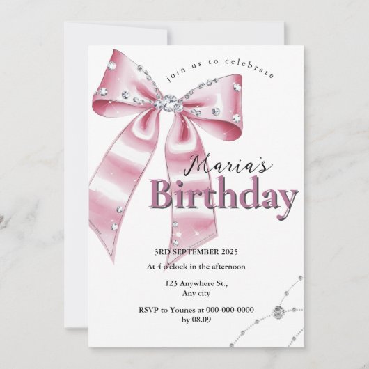Sparkle Pink Coquette Bow 1st Einladung (Vorderseite)