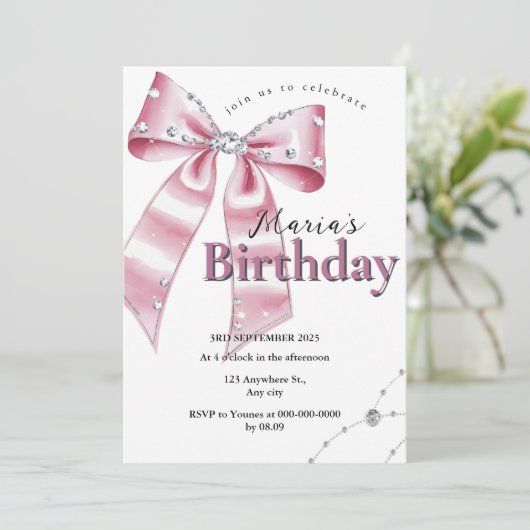 Sparkle Pink Coquette Bow 1st Einladung (Stehend Vorderseite)