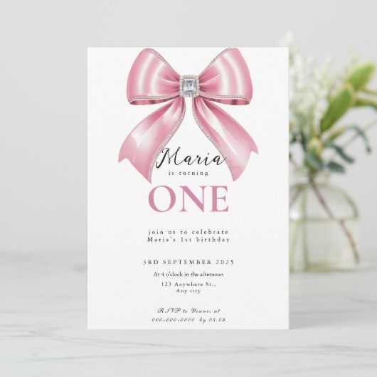 Sparkle Pink Coquette Bow 1st Einladung (Stehend Vorderseite)