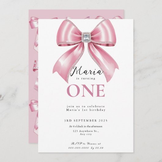 Sparkle Pink Coquette Bow 1st Einladung (Vorne/Hinten)