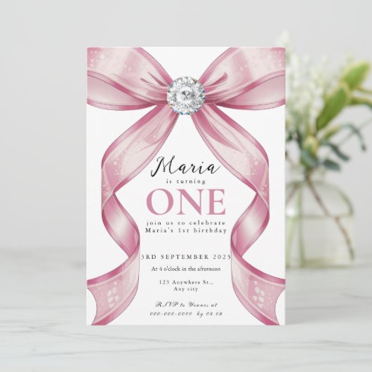 Sparkle Pink Coquette Bow 1st Einladung (Stehend Vorderseite)