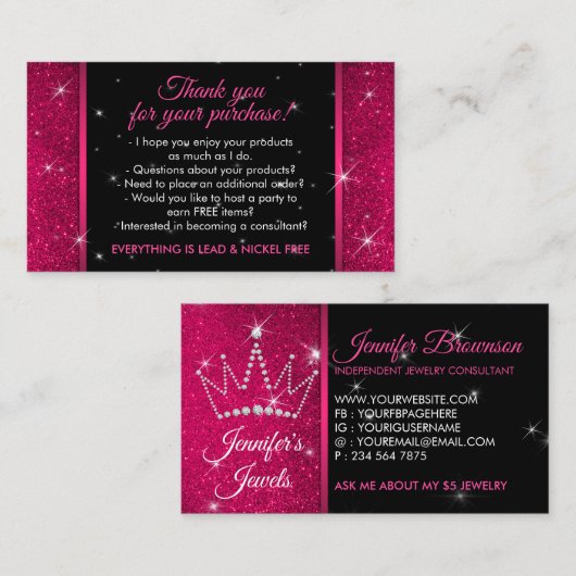 Sparkle Pink Crown Schmuckzubehör Vielen Dank Visitenkarte (Vorne/Hinten)