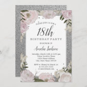 Sparkle Pink Silver Floral 18. Geburtstag Einladung (Vorne/Hinten)