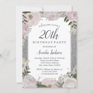 Sparkle Pink Silver Floral 20. Geburtstag Einladung