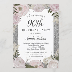 Sparkle Pink Silver Floral 90. Geburtstagsparty Einladung