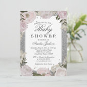 Sparkle Pink Silver Floral Baby Dusche Einladung (Stehend Vorderseite)