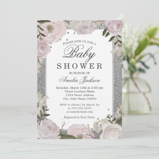 Sparkle Pink Silver Floral Baby Dusche Einladung (Stehend Vorderseite)