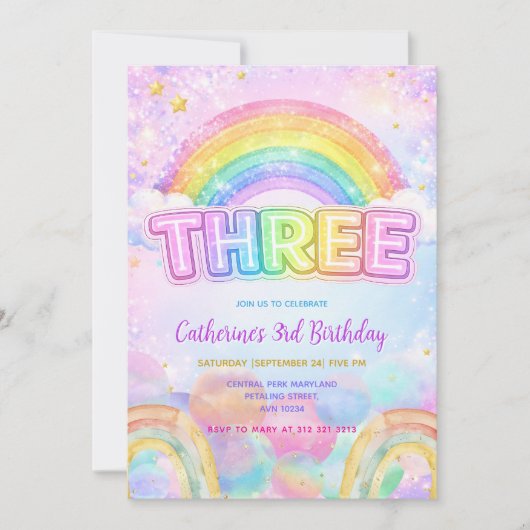 Sparkle Rainbow 3rd Birthday Party Einladung (Vorderseite)