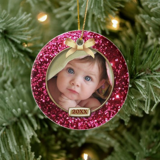 Sparkle Red/Gold Bow Foto Keramik Ornament (Baum)