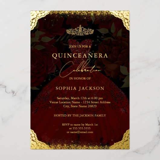 Sparkle Red Gold Dress Tiara Foto Quinceanera Folieneinladung (Vorderseite)