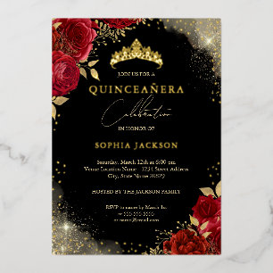 Sparkle Red Gold Rose Tiara Quinceanera Folieneinladung