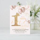 Sparkle Rosa Goldkronprinzessin Erster Geburtstag Einladung (Stehend Vorderseite)