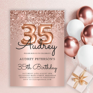 Sparkle Rose Gold Glitzer Ballon 35. Geburtstag Einladung