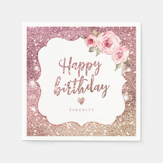 Sparkle Rose Gold Glitzer Blumenfreude Geburtstag Serviette (Vorderseite)