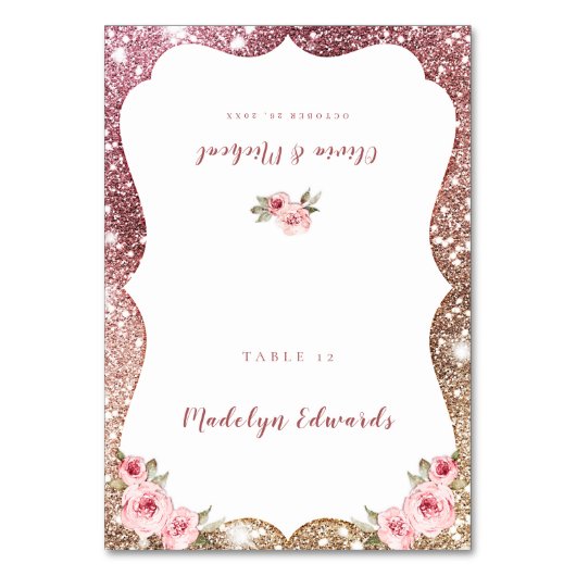 Sparkle Rose Gold Glitzer Blumenstrauß Platzkarte Tischnummer (Vorderseite)
