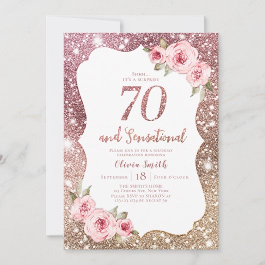 Sparkle Rose Gold Glitzer und Blumen 70. Geburtsta Einladung (Vorderseite)