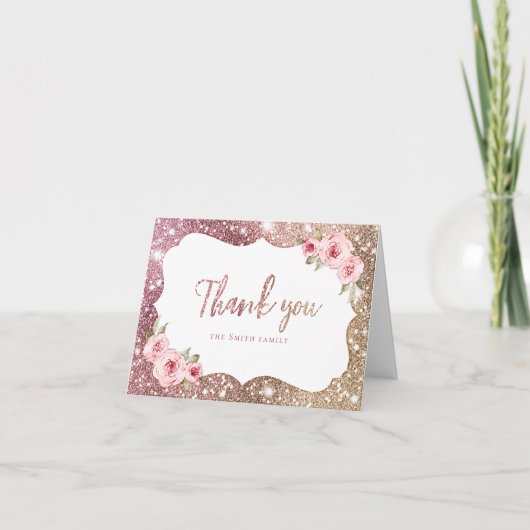 Sparkle Rose Gold Glitzer und Blumendanke Dankeskarte (Vorderseite)
