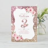 Sparkle Rose Gold Glitzer und Blüte 3. Einladung (Stehend Vorderseite)