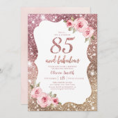 Sparkle Rose Gold Glitzer und floraler 85. Geburts Einladung (Vorne/Hinten)