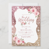 Sparkle Rose Goldmedaille Glitzer und Blumenhochze Einladung (Vorderseite)