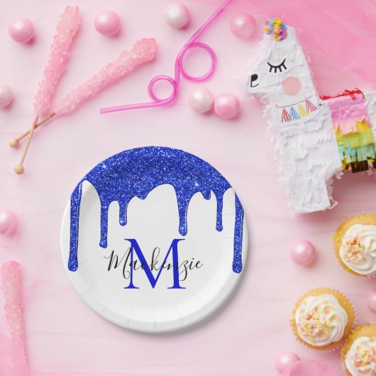 Sparkle Royal Blue Glitzer Tropfens Monogram Pappteller (Party)