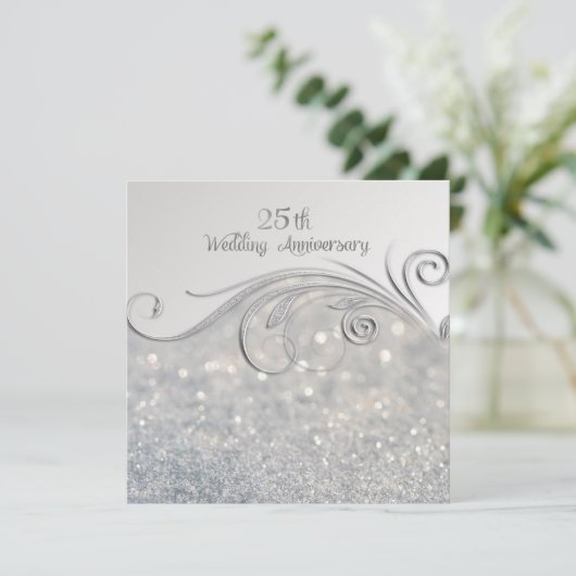 Sparkle Silver 25. Hochzeitstag Einladung (Stehend Vorderseite)